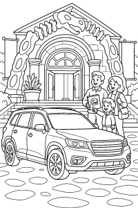 SUV davanti al museo dei fossili disegno da colorare PDF gratis