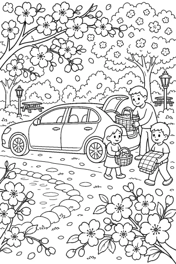 Famiglia con cesti da picnic e coperta accanto a un'auto sotto alberi in fiore