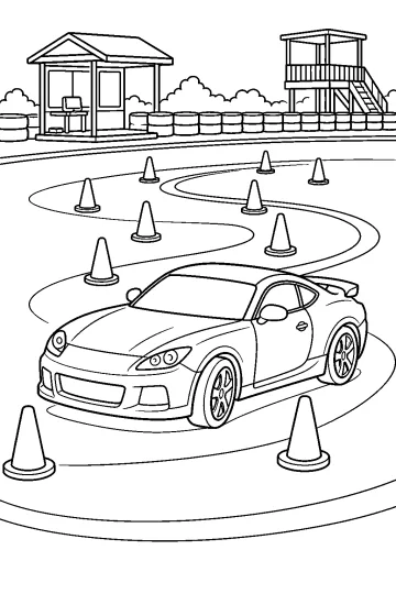 Auto sportiva su un percorso a slalom con coni, torretta e barriere