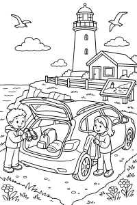 Auto davanti al faro sul mare disegno da colorare PDF gratis