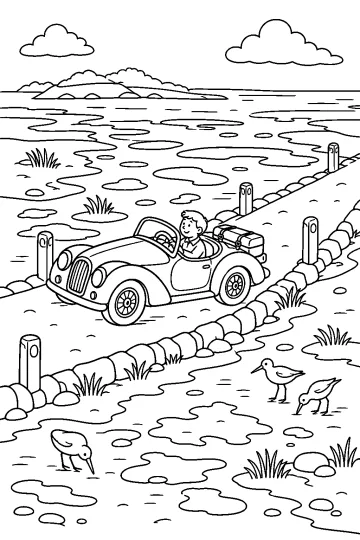 Roadster con conductor en una carretera elevada entre charcas, hierba y aves de orilla