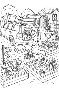 Auto familiare nell'orto comunitario disegno da colorare PDF gratis