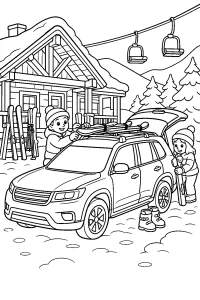 SUV con sci davanti al rifugio disegno da colorare PDF gratis