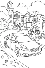 Auto davanti alla scuola con torre dell'orologio disegno da colorare PDF gratis