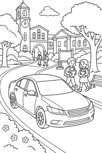 Auto davanti alla scuola con torre dell'orologio disegno da colorare PDF gratis