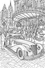 Auto d'epoca davanti al teatro disegno da colorare PDF gratis