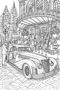 Auto d'epoca davanti al teatro disegno da colorare PDF gratis