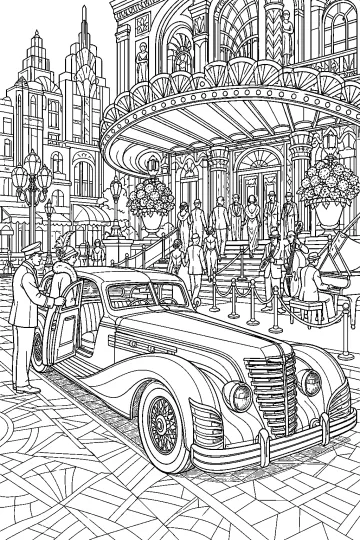 Auto d'epoca davanti a un elegante teatro con ospiti, colonne, lampade e pianoforte.