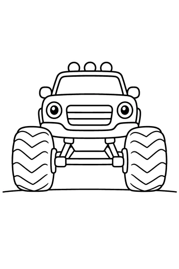 Disegno da colorare di un monster truck visto di fronte con grandi pneumatici, fari tondi e griglia