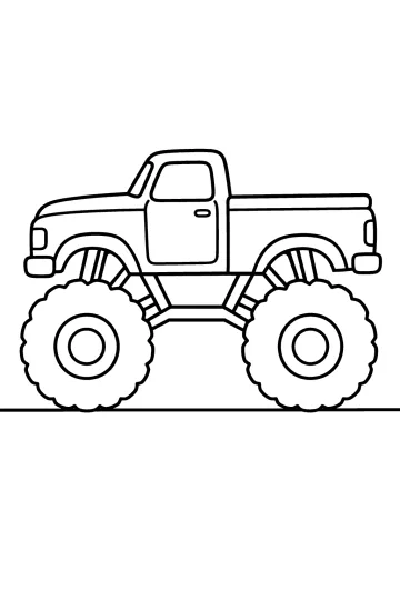 Disegno da colorare di un monster truck classico visto di lato con due grandi ruote dentellate