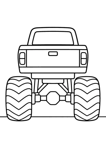 Disegno da colorare di un monster truck visto da dietro con grandi pneumatici scolpiti