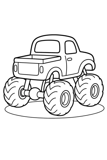 Disegno da colorare di un monster truck con grande ruote tassellate e piccolo cassone
