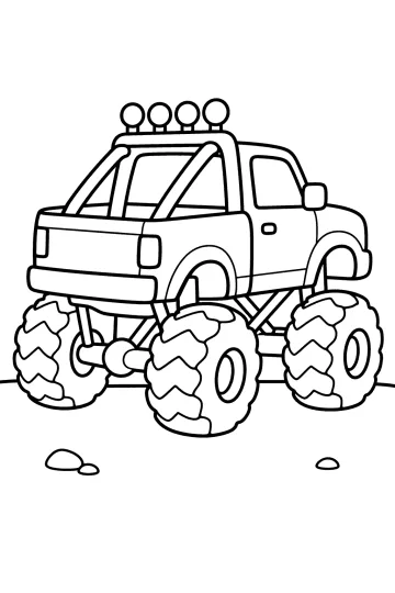 Side view of a pickup monster truck with a roll bar, roof lights and large treaded tires.