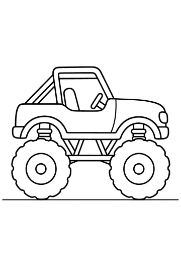Monster truck visto di lato con cabina aperta, roll bar, grandi ruote e linea di terreno