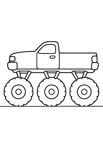 Disegno da colorare di un camion monster di profilo con tre grandi ruote