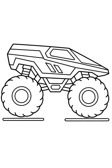 Monster truck futuristico di profilo con carrozzeria a cuneo, finestrino inclinato e due grandi ruote