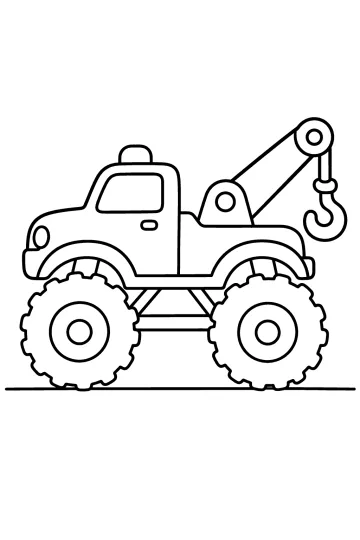 Monster truck carro attrezzi visto di lato con braccio sollevato, grande gancio e grandi ruote dentate.