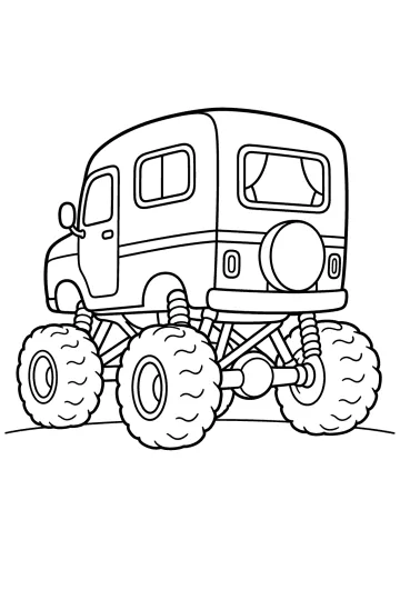 Disegno da colorare di un monster truck camper visto da dietro, con grandi ruote e ruota di scorta.