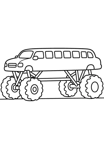 Side view of a limousine monster truck with a long cabin, giant tires, and suspension bars