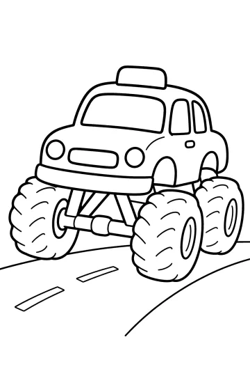 Taxi monster truck in three-quarter view with huge tires on a road