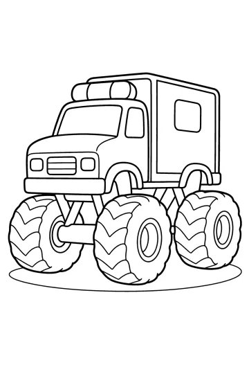 Dibujo para colorear de un camión monstruo de rescate con caja, luces en el techo y neumáticos grandes