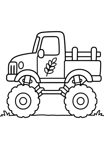Farm monster truck with huge wheels, tall cab, and leaf on the door