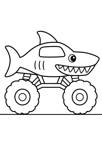 Monster truck a forma di squalo con pinna sul tetto, denti e grandi ruote