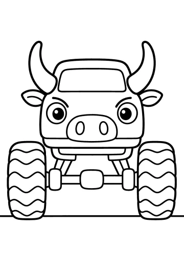 Ausmalbild eines Monstertrucks mit Stiergesicht, geschwungenen Hörnern und großen Reifen