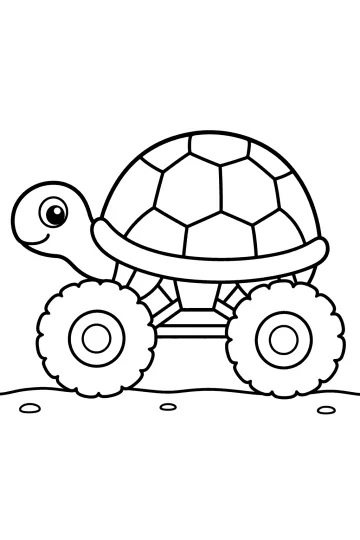 Disegno da colorare di un monster truck a forma di tartaruga con grande guscio a pannelli e due ruote.