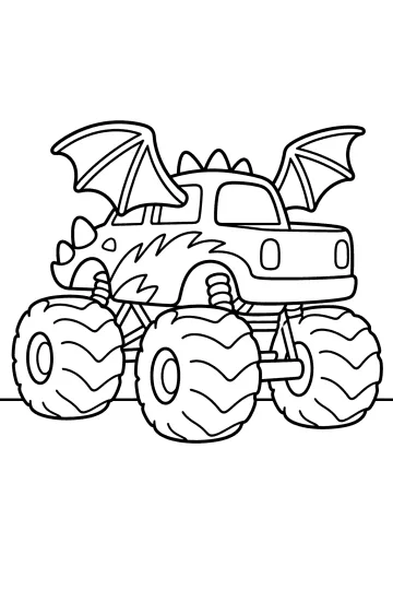 Monster truck a forma di drago con ali, spuntoni sul tetto e grandi pneumatici