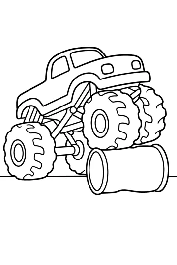Monster truck con una grande ruota sopra un barile