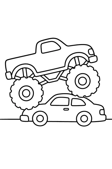 Monster truck con grandi ruote che sale sopra una piccola auto