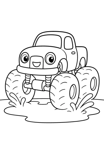 Monster truck sorridente con grandi ruote che attraversa una pozzanghera e fa schizzi d'acqua
