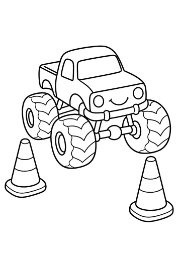 Monster truck con grandi ruote tra due coni stradali