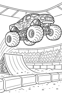 Flammen-Monstertruck springt über Arenarampe malvorlage kostenlos PDF