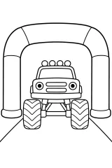 Monster truck sotto un grande arco disegno da colorare PDF gratis