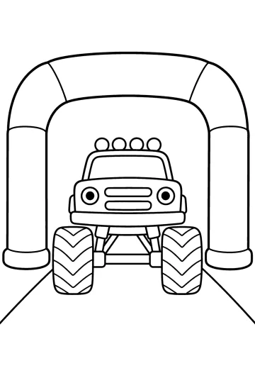 Monster truck visto di fronte sotto un grande arco su una pista