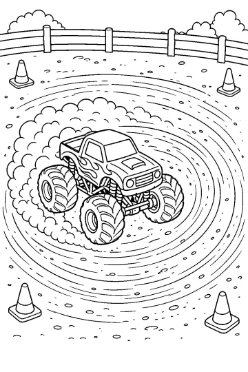 Monster truck tournant sur une piste en terre avec traces circulaires, nuage de poussière, cônes et barrière en bois.
