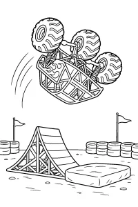 Monster truck capovolto sopra la rampa disegno da colorare PDF gratis