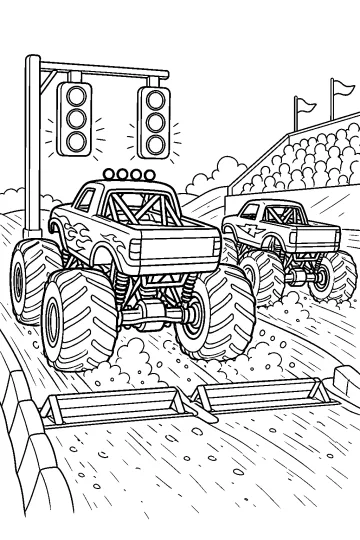 Dos monster trucks en una pista de tierra junto a semáforos de salida y gradas