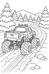 Monster truck en un camino nevado del bosque dibujo para colorear PDF gratis
