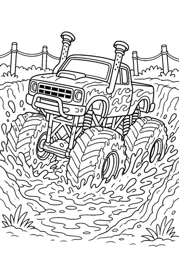 Monster truck aux pneus géants roulant dans une flaque de boue