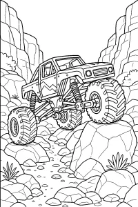 Monster truck tra le rocce del canyon disegno da colorare PDF gratis