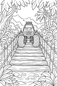 Monster Truck Crossing a Jungle Plank Bridge coloring page free PDF