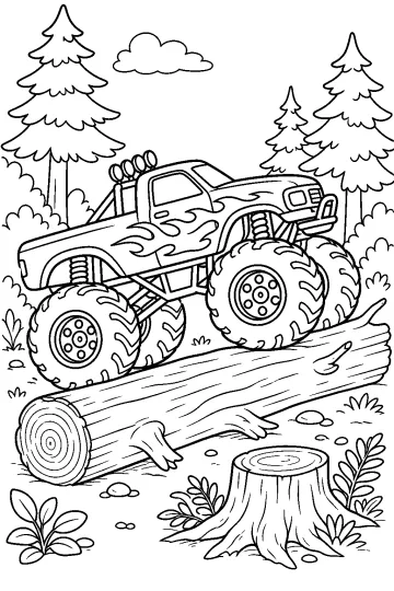 Tekening van een monstertruck die over een grote boomstam in het bos rijdt