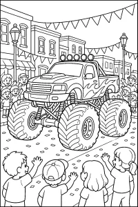 Monster truck alla parata in città disegno da colorare PDF gratis