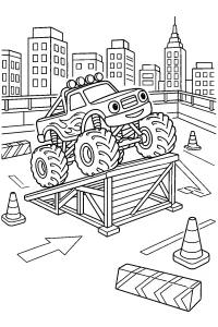 Camión monstruo subiendo una rampa urbana dibujo para colorear PDF gratis