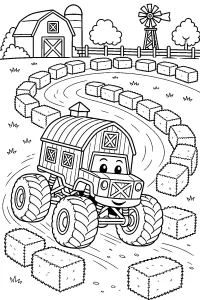Barn Monster Truck on a Hay Bale Course coloring page free PDF