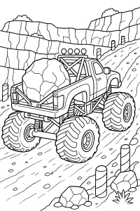 Camión monstruo con roca en la cantera dibujo para colorear PDF gratis