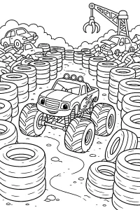 Monster truck nel labirinto di pneumatici disegno da colorare PDF gratis